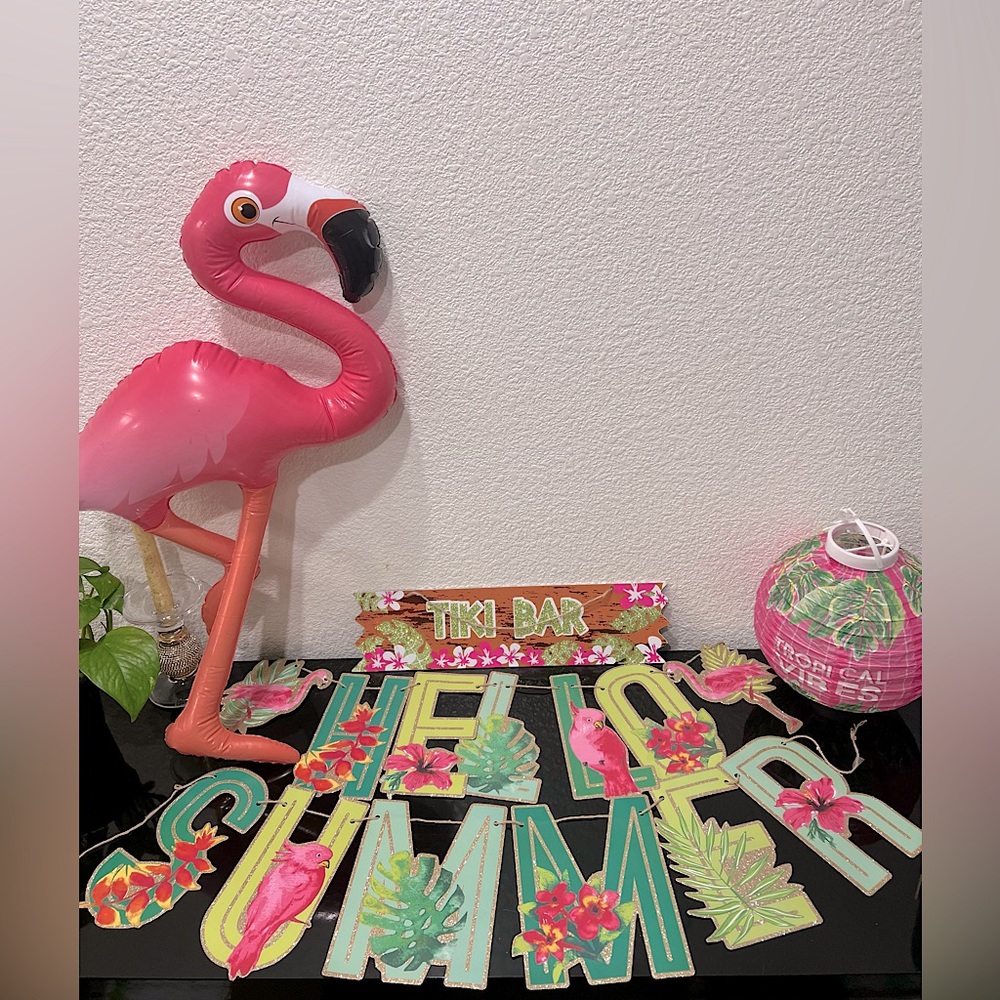 Hello Summer Banner Tropical Vibes Lantern Tiki Bar Sign and Flamingo Inflatable